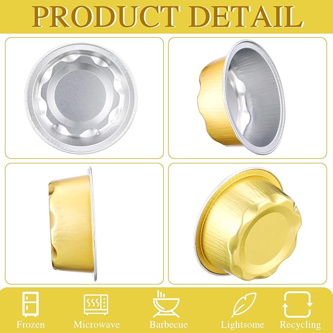 Eaasty 150 Count Baking Cups with Lids, 1.6 oz Muffin Cupcake Liners Aluminum Foil Mini Cake Pans Small Disposable Ramekins Flan Containers with Lids for Christmas, Birthday, Various Holiday(Gold)
