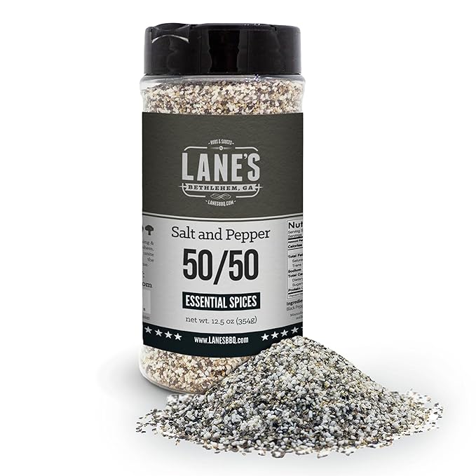 Lane's BBQ Salt and Pepper 50/50 | Coarse Salt and 16 Mesh Black Pepper | Bulk Spices | Gluten-Free | 12.5oz Bottle
