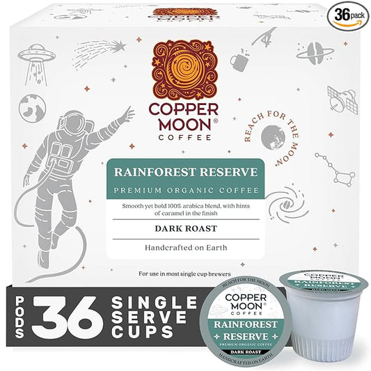 Copper Moon Single Serve Coffee Pods for Keurig K-Cup Brewers, Dark Roast, Rainforest Reserve Blend, 36 Count