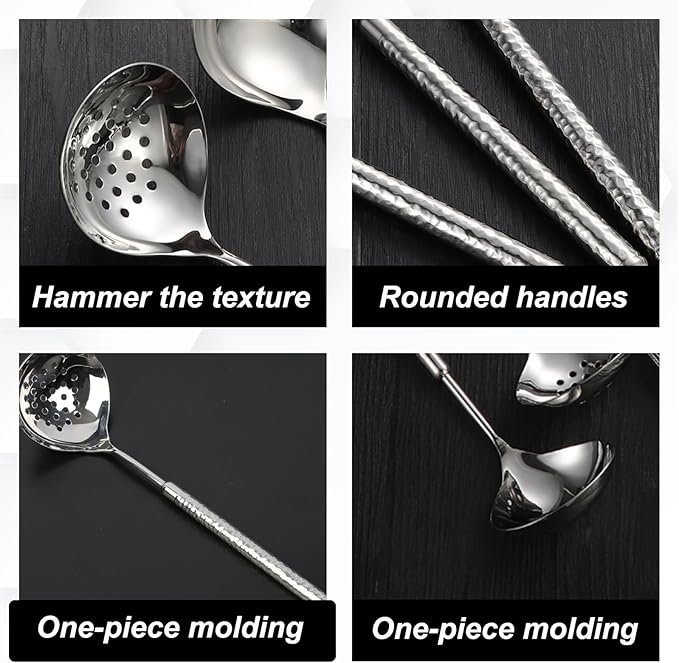 18/8 Stainless Steel Slotted Serving Spoon, 9.4" Metal Kitchen Strainer Spoon for Hot Pot, Pasta, Vegetables, Dishwasher Safe, Hammered Design with Round Handle