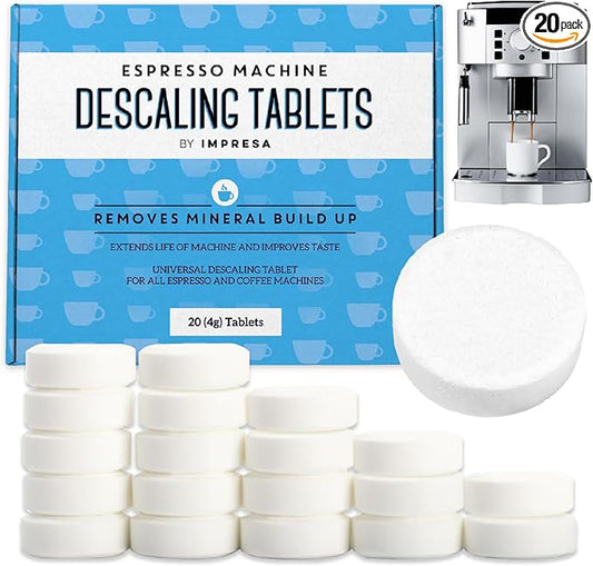 IMPRESA Descaling Tablets for Espresso Machine - Compatible with Breville, Jura & Miele Machines - 20 Pack & 4g Tablets - Remove Limescale & Mineral Build-Up