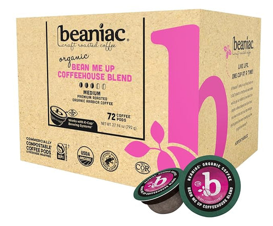 beaniac Organic Bean Me Up Coffeehouse Blend, Medium Roast, Single Serve Compostable K Cup Coffee Pods, Organic Arabica Coffee, Keurig Brewer Compatible, 72 Count