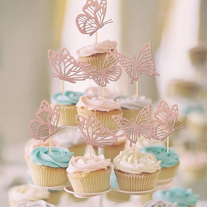 Rsstarxi 24 Pack Butterfly Cupcake Toppers Glitter Assembled Butterfly Baby Shower Cupcake Picks for Wedding Engagement Bridal Shower Kids Birthday Party Cake Decorations Supplies Rose Gold