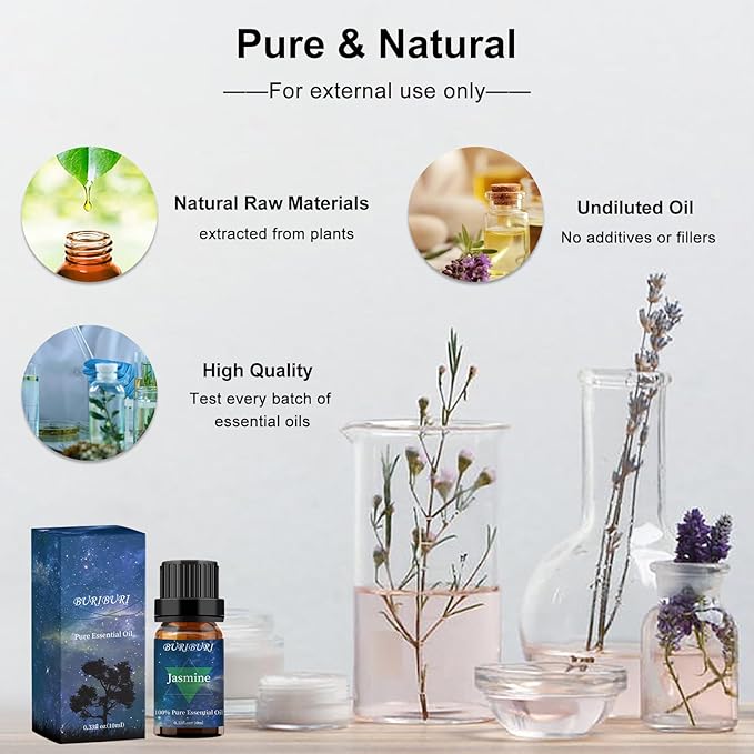 BURIBURI Jasmine Essential Oil, 100% Pure, Undiluted, Natural, Organic Aromatherapy Jasmine Oils 10ML for Massage, Diffuser, Soap Making Candle Making