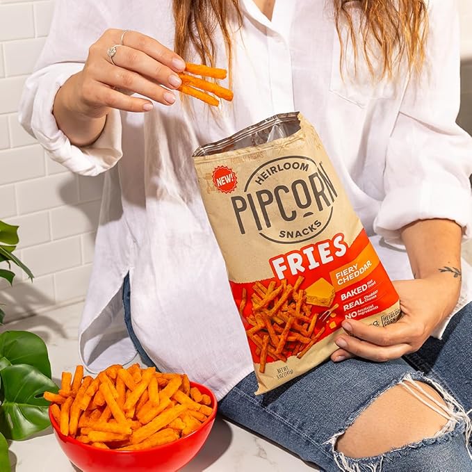 Heirloom Baked Fiery Cheddar Fries by Pipcorn - 5oz 6pk - Healthy Snacks, Gluten Free Snacks, Non-GMO, Upcycled Heirloom Corn Flour, Vegan, Baked Not Fried Snacks