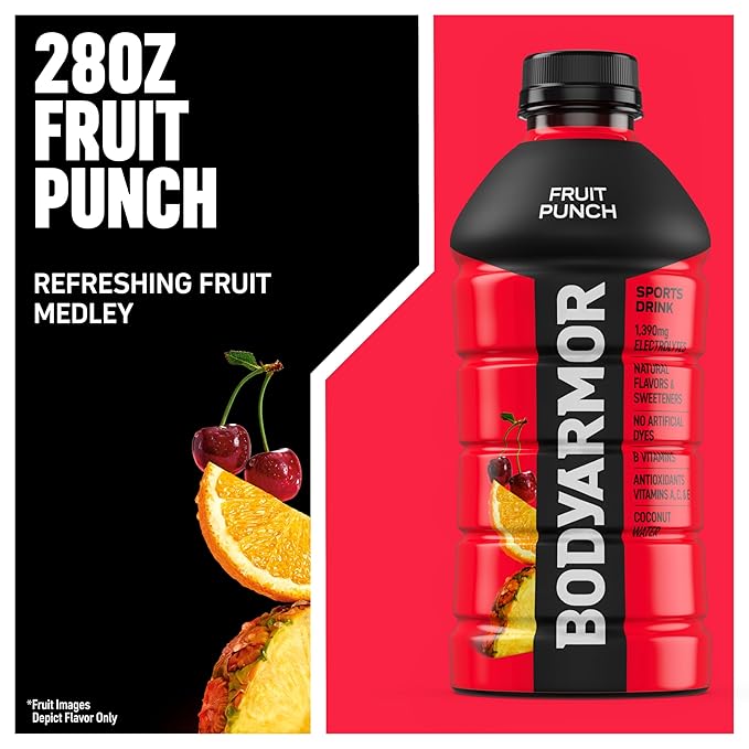 BODYARMOR Sports Drink Sports Beverage, Fruit Punch, Coconut Water Hydration, Natural Flavors With Vitamins, Potassium-Packed Electrolytes, Perfect For Athletes, 28 Fl Oz (Pack of 15)