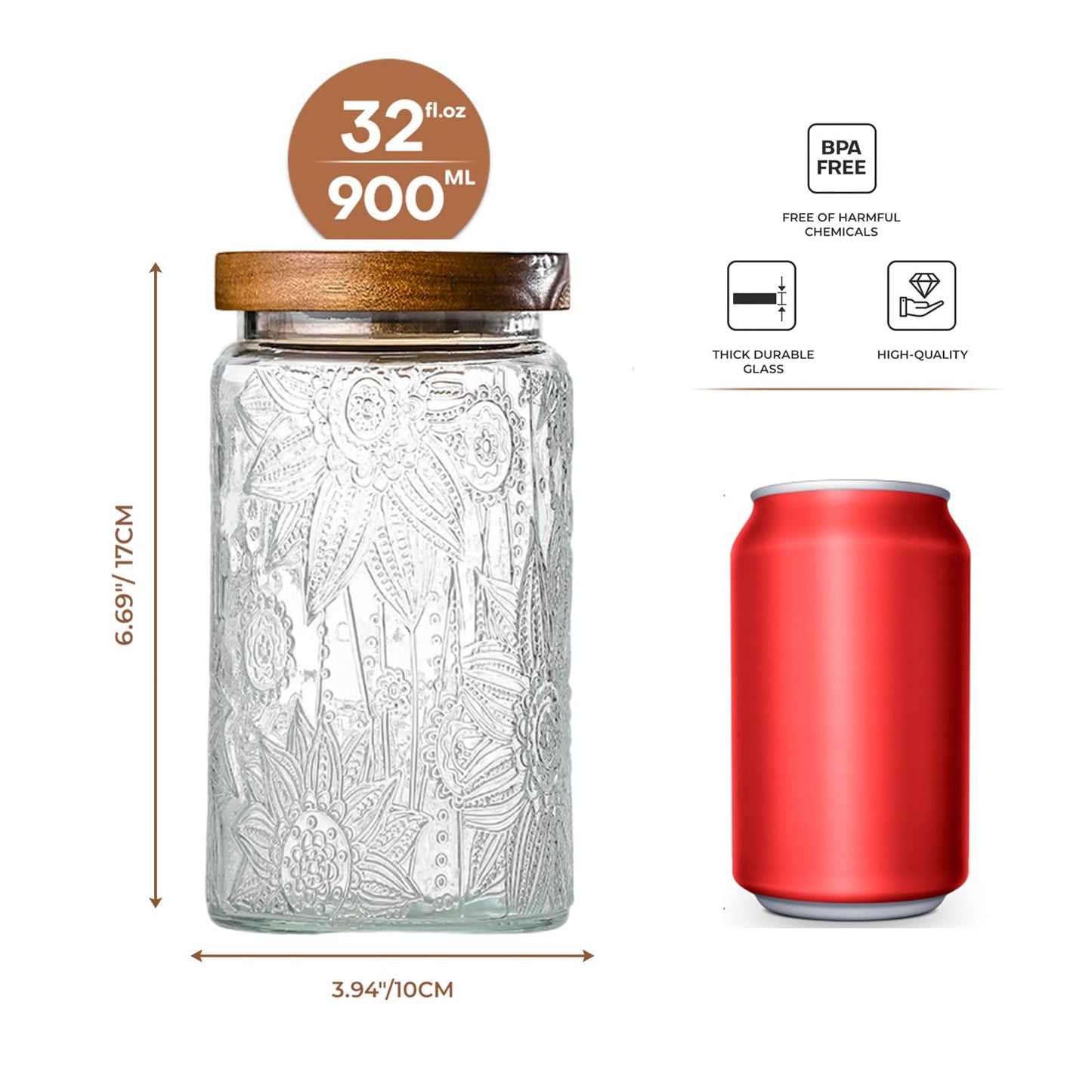 Adodeen 32oz Vintage Glass Jars With Lids, Airtight Food Storage Containers, Kitchen Canisters For