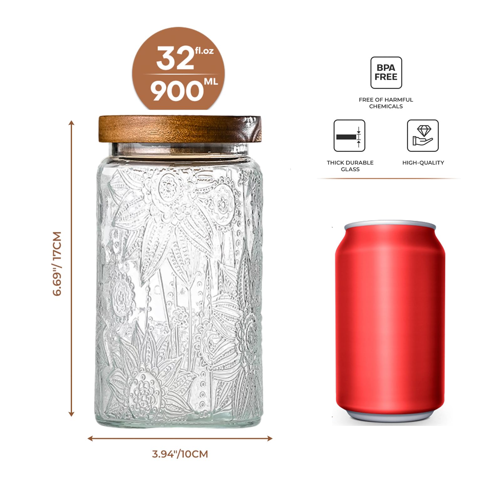 Adodeen 32oz Vintage Glass Jars With Lids, Airtight Food Storage Containers, Kitchen Canisters For