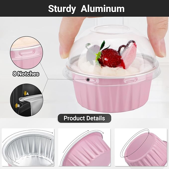 EUSOAR Disposable Creme Brulee Ramekins and Pink Spoons, 60pcs 5oz Mini Cake Cheesecake Pans with Lids, Aluminum Foil Ramekins with Lids Muffin Liners for Party Wedding Birthday Family Gathering