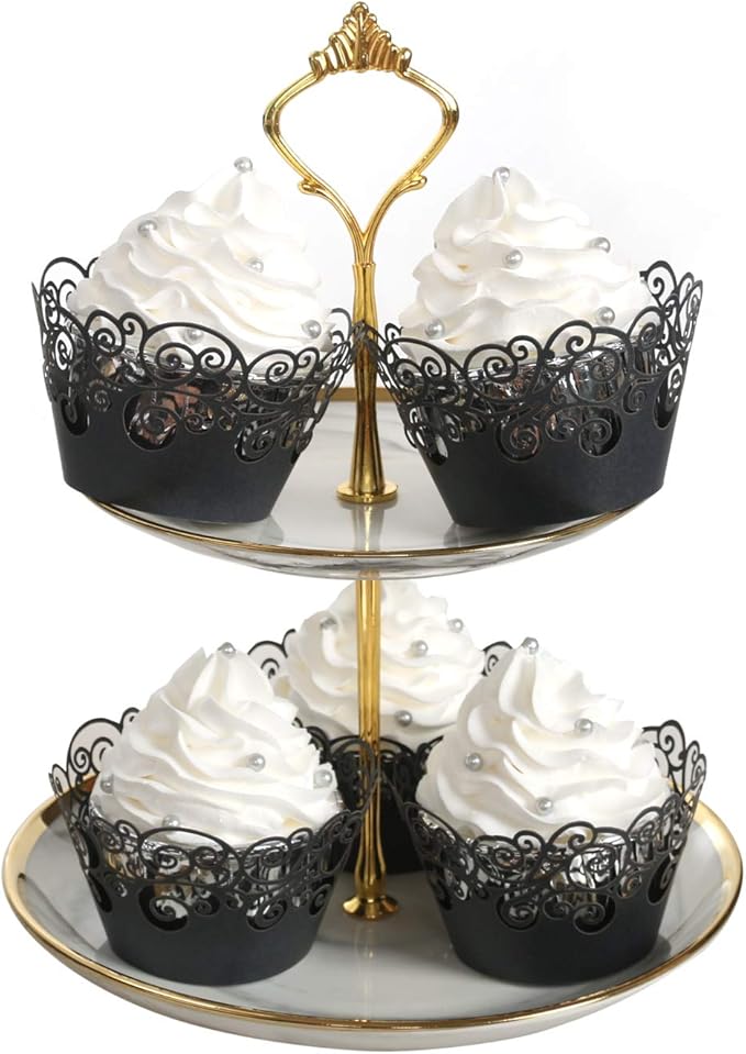 Cupcake Wrappers, KPOSIYA 50 Pack Cupcake Wraps Filigree Artistic Bake Cake Paper Cup Little Vine Laser Cut Liner Baking Cups Muffin Case Trays for Wedding Party Birthday Decoration (50, Black)