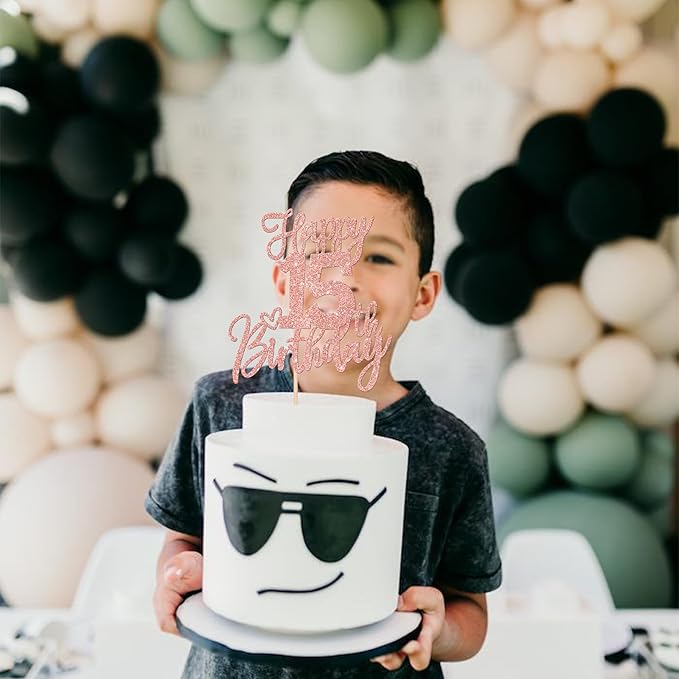1 PCS Happy 15th Birthday Cake Topper Glitter Cheers to 15 Years Birthday Cake Pick Sweet 15 Fabulous Cake Decorations for Happy 15th Birthday Anniversary Theme Party Supplies Rose Gold
