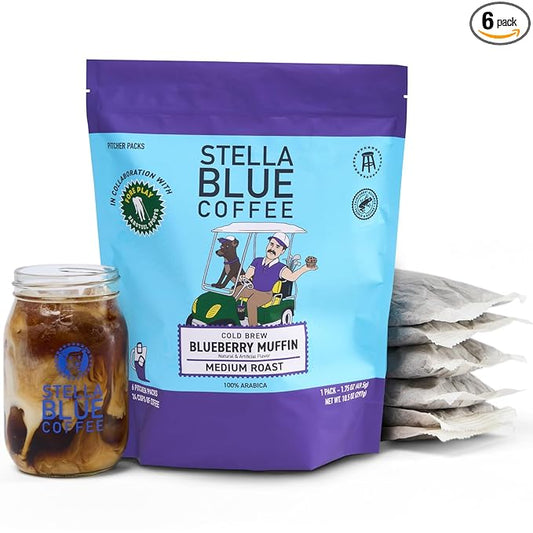 STELLA BLUE Fresh Cold Brew Coffee | Blueberry Muffin | 100% Arabica Medium Roast | Notes of Blueberry Cinnamon and Brown Sugar | Cold Brew Packets | Makes 24 Pods | 6 Easy Cold Brew Pouches