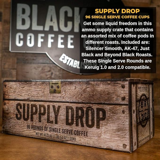 Black Rifle Coffee Company Supply Drop Variety Pack (96 Count of K Cups) - K Cups Coffee Variety Pack - Contains Silencer Smooth (Light), AK-47 (Medium), Just Black (Medium) & BeyondBlack (Dark Roast)