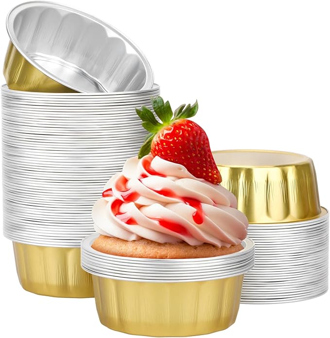 Beasea 8 oz 100 Pack Aluminum Ramekins, Disposable Ramekins Foil Cups Baking 3.9" Ramekin Cup Muffin Cupcake Aluminum Baking Cup Mini Pudding Souffle Cups for Party Wedding Birthday - Gold