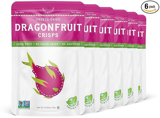 Nature’s Turn Freeze-Dried Dragon Fruit Crisps – Healthy, Gluten-Free, Crispy & Delicious, Plant-Based Snack, Ideal for Cereal, Smoothies, School Lunches, & On-the-Go, Pack of 6 (0.53 oz Each)