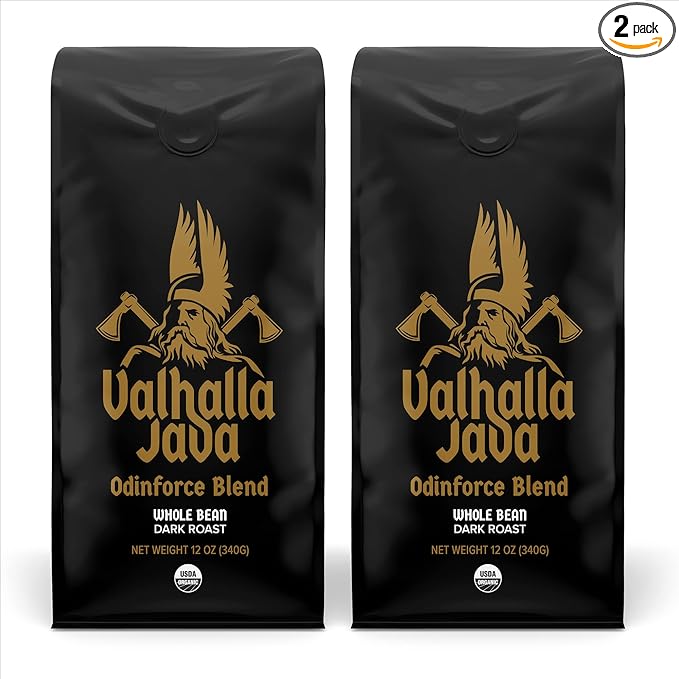 Death Wish Coffee, Valhalla Java Odinforce Blend - Whole Bean Dark Roast - Extra Kick of Caffeine - Arabica & Robusta Beans - 12 Ounce (Pack of 2)