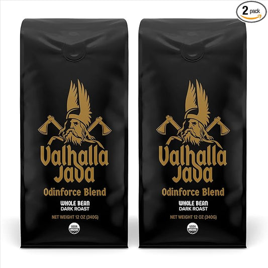 Death Wish Coffee, Valhalla Java Odinforce Blend - Whole Bean Dark Roast - Extra Kick of Caffeine - Arabica & Robusta Beans - 12 Ounce (Pack of 2)