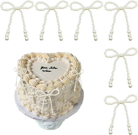6 Pcs Pearl Bow Cake Decoration, White 4.3" ??3.9" Imitation Pearl Bow Cupcake Toppers Coquette Party Bouquets Decor for Wedding Bridal Shower Birthday Decoration Supplies (White)