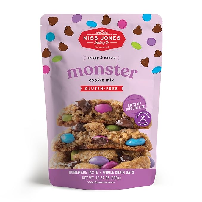 Miss Jones Baking Gluten-Free Monster Cookie Mix - Certified Gluten Free & Made with 100% Oats, Easy To Bake Desserts & Treats, Artificial Colors, 10.57 Ounce (Pack of 1)
