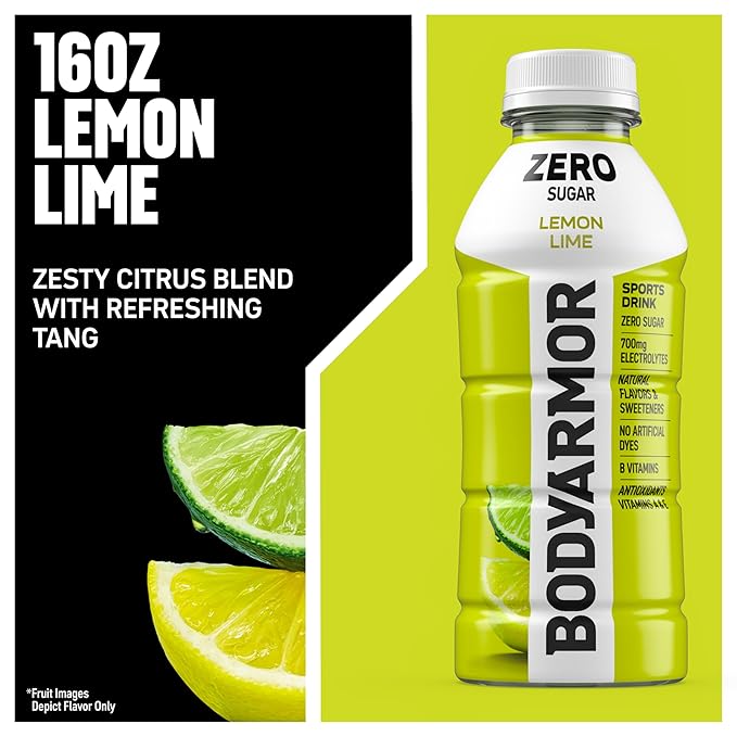 BODYARMOR ZERO Sugar Lemon Lime, Sugar Free Sports Drink - Low-Calorie Hydration - Natural Flavors with Potassium Packed Electrolytes, Antioxidants, and B-vitamins, 16 fl oz (pack of 12)