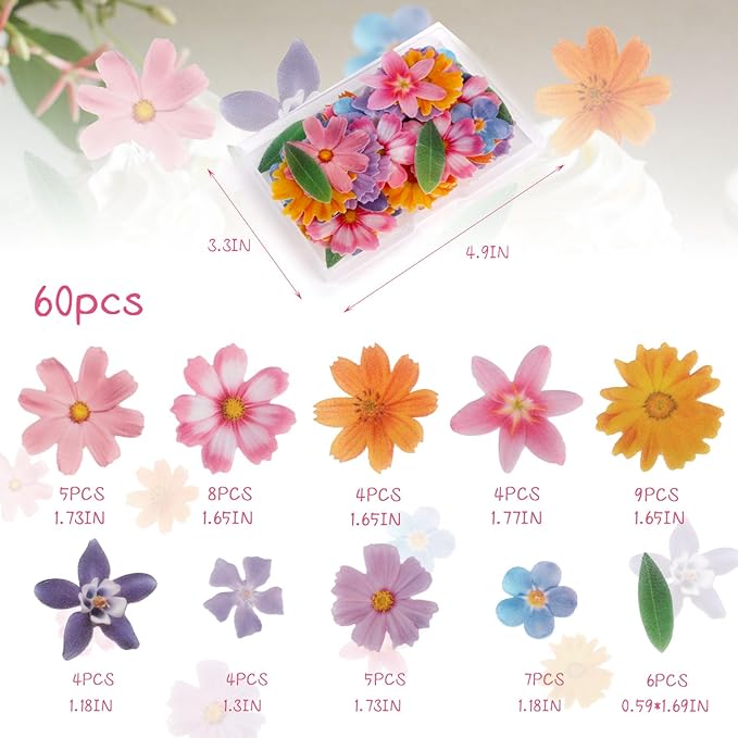 60 Pcs Edible Flowers Cake Decorations - Edible Flowers Wafer Paper Flowers & Leaves Cupcake Toppers for Wedding Birthday Party Cake Decorating (Mixed Size & Colour)