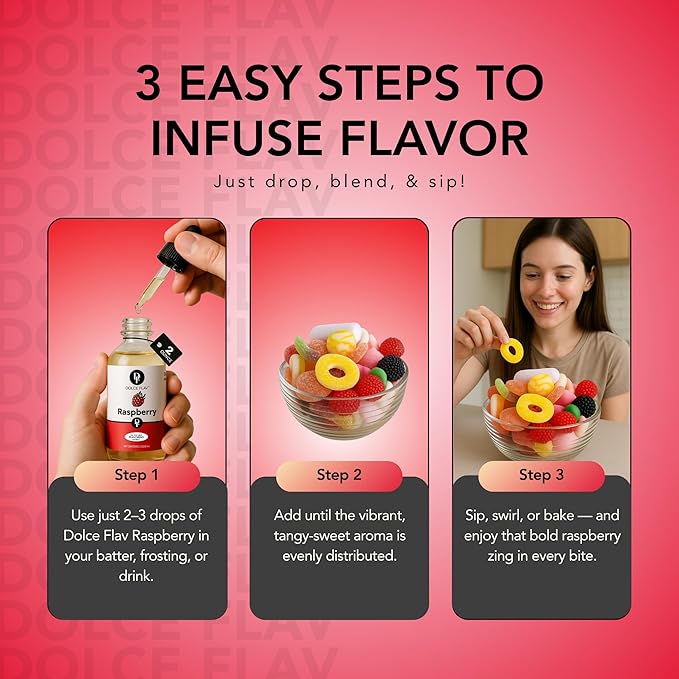 Dolce Flav Raspberry Extract (Oil-Soluble) 8 oz ??Kosher, Sugar-Free, Concentrated Raspberry Flavoring for Chocolates, Candies & Baking, Includes Measured Dropper