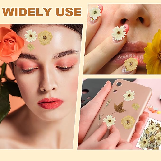 Nuanchu Pressed Flowers Bulk Dried Flower for Crafts, Dried Wildflowers Leave Natural with Tweezer for Resin Mold Scrapbooking Nail Soap Making DIY(Retro Style,Warm Color)