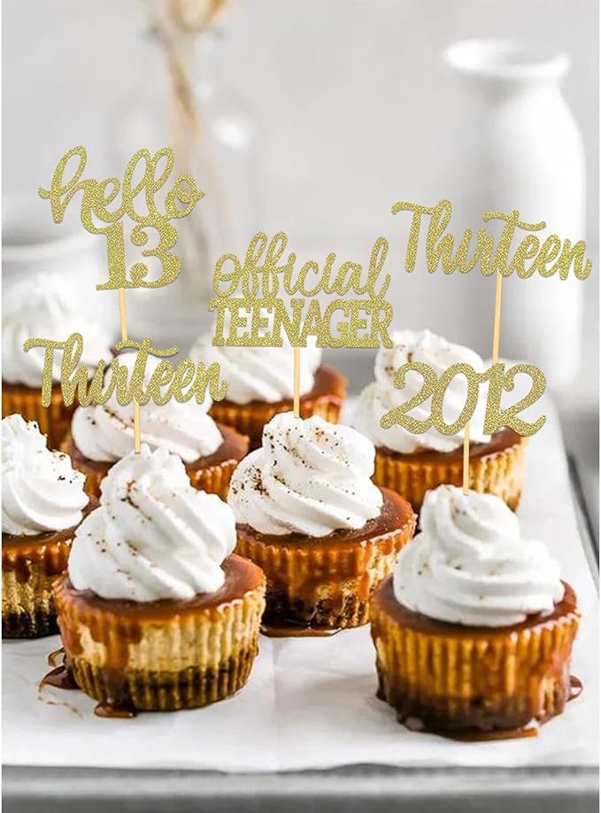 24Pcs Glitter 13th Birthday Cupcake Toppers, Hello 13th Birthday Cake Topper- 13th Birthday Decorations for Celebrating Official Teenager Thirteen Years Old Birthday Party Supplies (Gold)
