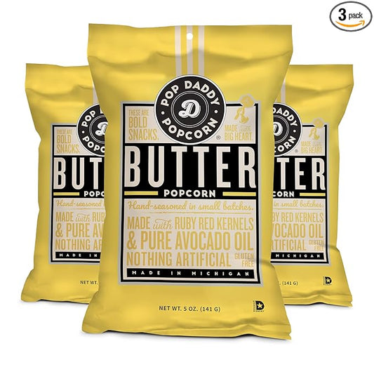 Pop Daddy Flavored Popcorn Gourmet, Butter Flavor Popped Popcorn, Hand Seasoned Ruby Red Kernels, Gluten Free Healthy Popcorn Snacks, 5oz Individual Bags, 3 Pack