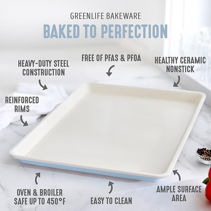 GreenLife Bakeware 18??x 13??Half Cookie Sheet Baking Pan, Non-Toxic PFAS-Free Healthy Ceramic Nonstick, Oven Safe to 450°F, Easy Release, Even Heating, Easy Clean, Blue Haze