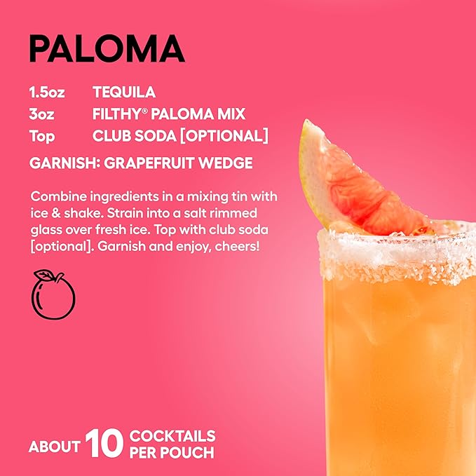Filthy Paloma Mix, Premium Cocktail Mixer, All-Natural, Non-GMO, Vegan & Gluten-Free, Made with Fresh Ruby Red Texas Grapefruit & Florida Lime Juice, Organic Agave Nectar, 32 Oz Pouch