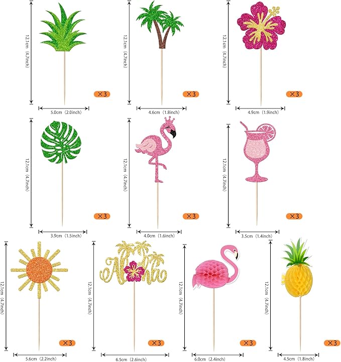 Rsstarxi 30 Pack Tropical Cupcake Toppers Glitter Flamingo Hawaiian Luau Aloha Cupcake Picks for Summer Beach Hawaiian Baby Shower Birthday Party Cake Decorations Supplies
