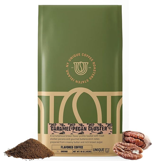 Caramel Pecan Flavored Ground Coffee, 1 LB (16 oz) bag, Medium Roast, 100% Arabica Premium Quality Flavor