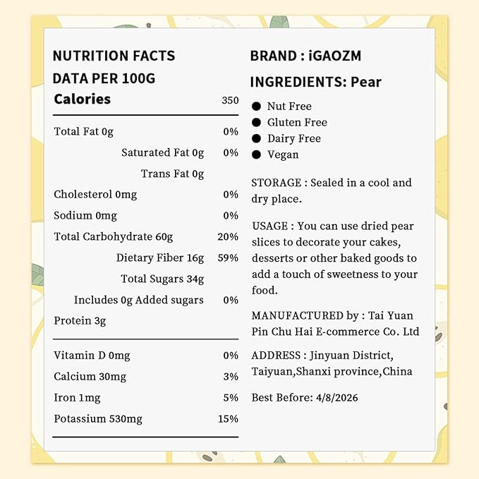 iGAOZM Dried Pears Slices,3.52oz/100g,Dehydrated Pear Fruit Slices ,No Sugar Added,Dehydrated Pears Bulk for Cocktails,Tea,Dried Fruit Garnish,Snacks
