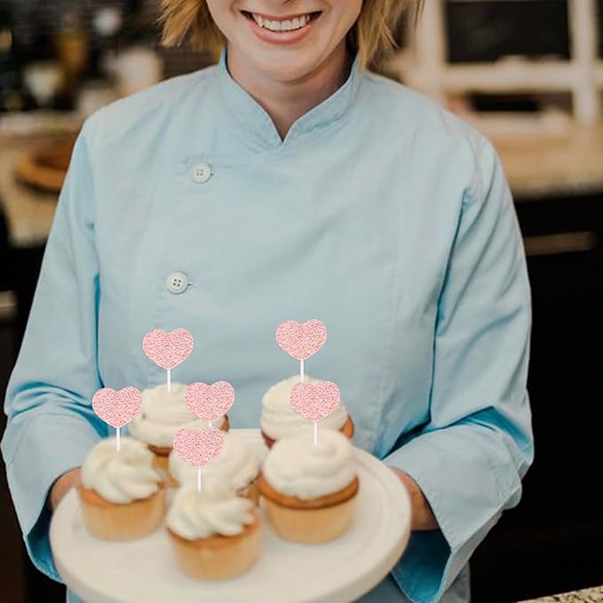 30 Pack Heart Cupcake Toppers Love Heart Cupcake Picks for Valentine's Day Theme Wedding Engagement Bridal Shower Birthday Party Cake Decorations Supplies Pink