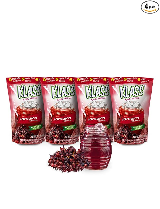 Klass Aguas Frescas |Drink Mix Hibiscus | Flavors From Natural Sources, No Artificial Flavors, With Vitamin C (Makes 7 to 9 Quarts) 14.1 Oz Family Pack (4-Pack)