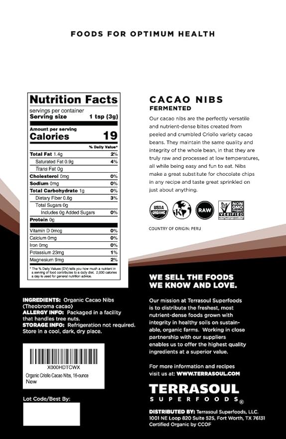 Terrasoul Superfoods Raw Organic Cacao Nibs, 16 Oz, Superfood Crunch for Smoothie Bowls, Nut Butter Spreads, Oatmeal and DIY Chocolate Creations