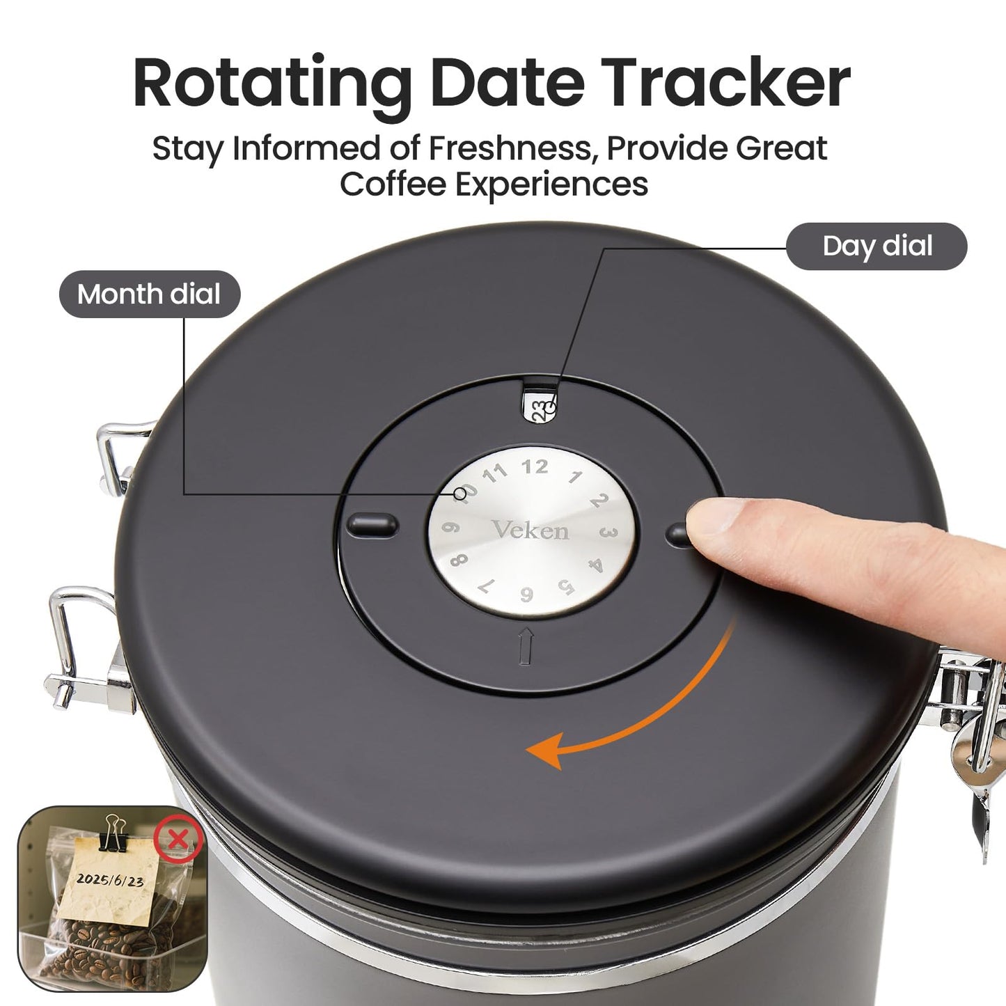 Veken Coffee Canister,39OZ, 2.2lbs,Large Airtight Stainless Steel Container