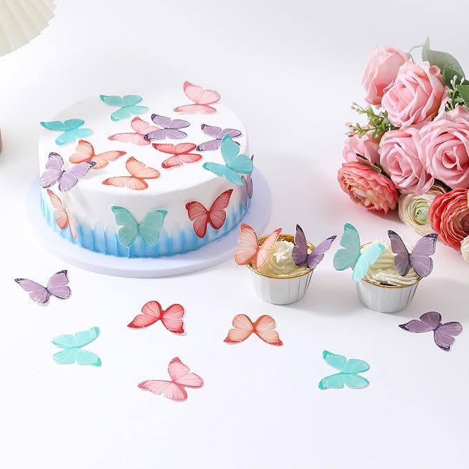 THJ 48Pcs 2" Edible Butterflies for Cake Decorations Wafer Paper Butterflies Cake Toppers for Birthday Party Wedding Anniversary Cupcake Decorating Supplies (Mix Color)