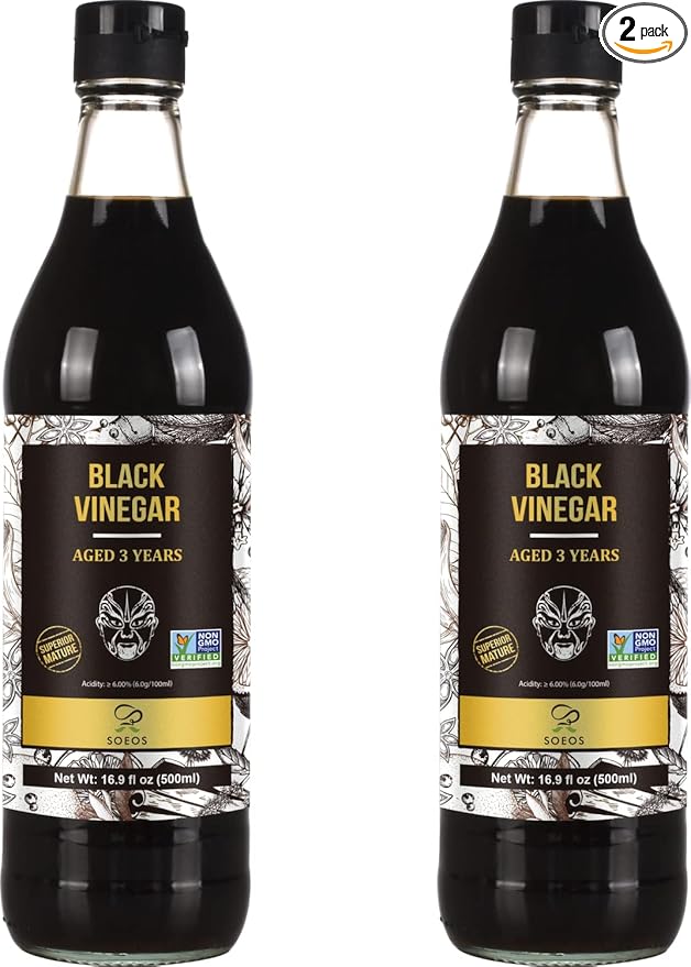 Soeos Chinkiang Vinegar 16.9 fl oz (Pack of 2), Zhenjiang Vinegar, Chinese Black Vinegar, Chinese Vinegar, Black Vinegar for Braised Meats and Fish, Noodles, and Dipping Sauce