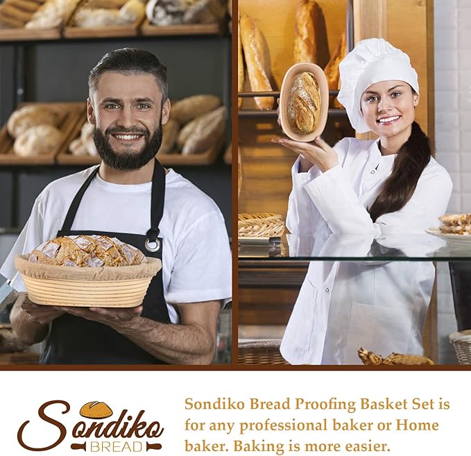 Sondiko Oval Sourdough Proofing Basket 2 Pack, Handmade Sourdough Bread Baking Supplies, Banneton Bread Proofing Basket with Proofing Cloth Liner for Sourdough Bread, Baking