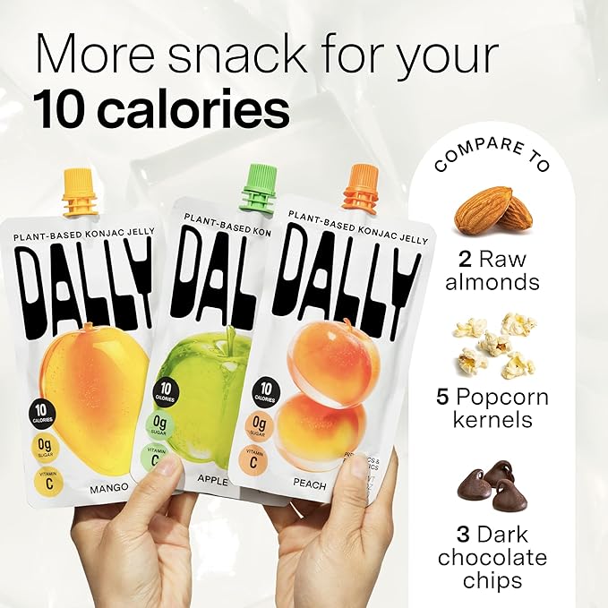 Dally Drinkable Konjac Jelly Variety Pack (10 Pouches) ??10-Calorie, Zero Sugar Korean Fruit Snack ??Mango, Peach & Apple Flavors ??Prebiotics & Postbiotics for Skin, Immune & Weight Management