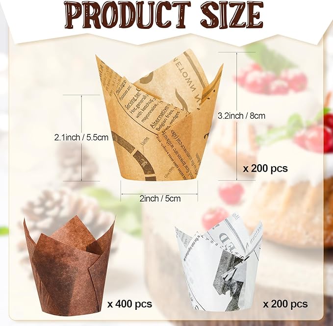 800 Pcs Tulip Cupcake Liners Baking Cups Muffin Baking Cupcake Liners Wrappers Greaseproof Tulip Cups Holders for Party Wedding Birthday Baby Showers(Newspaper,Mocha Style)