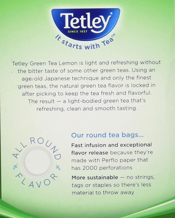 Tetley Natural Green Tea, Lemon Green Tea, 72 Tea Bags, Rainforest Alliance Certified