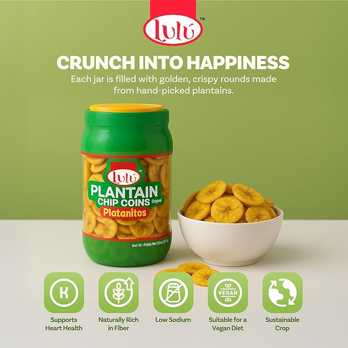 LULU Plantain Chip Coins ??Original Flavor, 20 oz Jar ??Crunchy Plantain Slices ??No Artificial Colors or Preservatives ??Ready-to-Eat Snack, Platanitos Chips in a Container