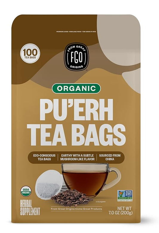 FGO Organic Pu'erh Tea, 100 Count, Eco-Conscious Tea Bags, Resealable Bag, Packaging May Vary (Pack of 1)