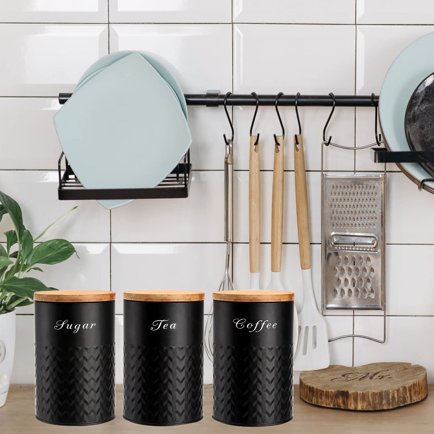 Bekith 3 Pack Kitchen Canisters with Bamboo Lids, Airtight Metal Canister Set, Food Storage