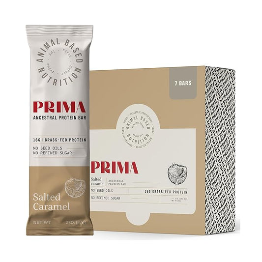 PRIMA ANCESTRAL PROTEIN BAR Grass Fed Protein Bars, 7 Pack ??Animal-Based Protein Bar with Beef Tallow, Raw Honey, Seed Oil Free, Low Carb, Gluten-Free ??Healthy, Energy Snacks for Clean Lifestyle (7 Pack, Salted Caramel)