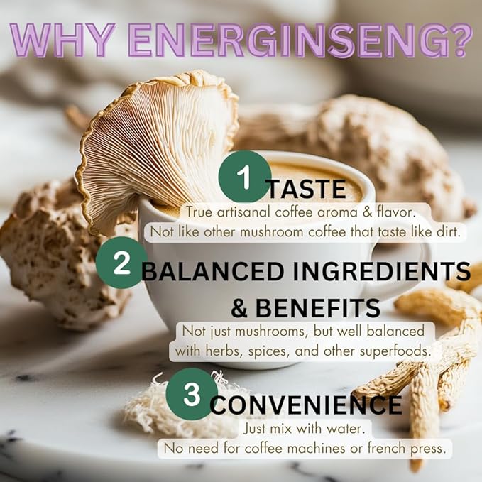 Energinseng Mushroom Coffee - Instant Latté - Robusta and Arabica coffee beans with Adaptogens, Nootropics, Prebiotics, Antioxidants - 14.11 OZ (400 G)