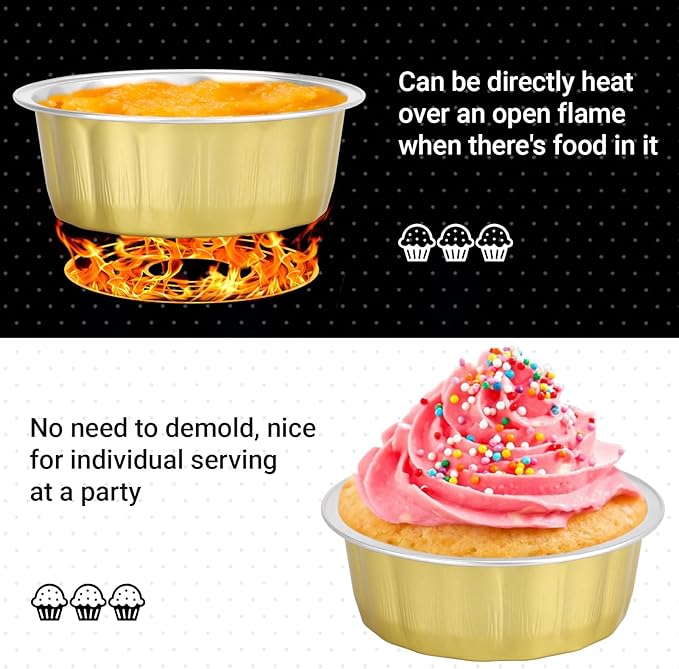 Beasea Disposable Aluminum Ramekins, 8oz 200 Pack Ramekins Foil Baking Cups 3.9" Ramekin Cup Cupcake Aluminum Mini Baking Cups for Party - Golden